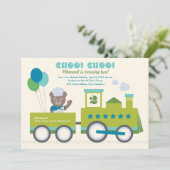 Choo Choo Train Aquamarin Bear Conductor Geburtsta Einladung (Stehend Vorderseite)