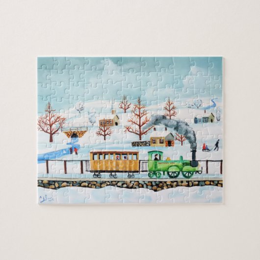 Choo choo Zug-Volkskunst-Winterszene Puzzle (Horizontal)