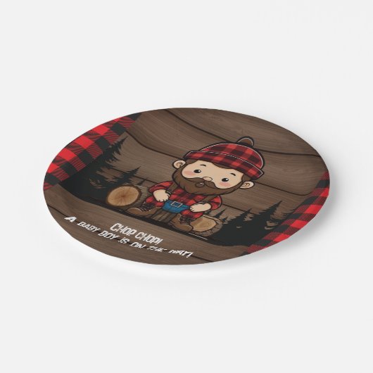 Chop! Rustikale Lumberjack Flannel Babydusche Pappteller (Schrägansicht)