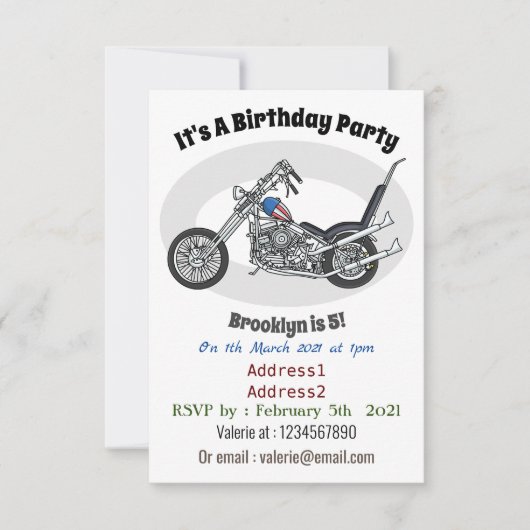 Chopper Motorrad 1950 Cartoon Abbildung Einladung (Vorderseite)