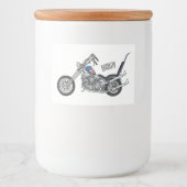 Chopper Motorrad 1950 Cartoon Abbildung Lebensmitteletikett (Vorderseite)