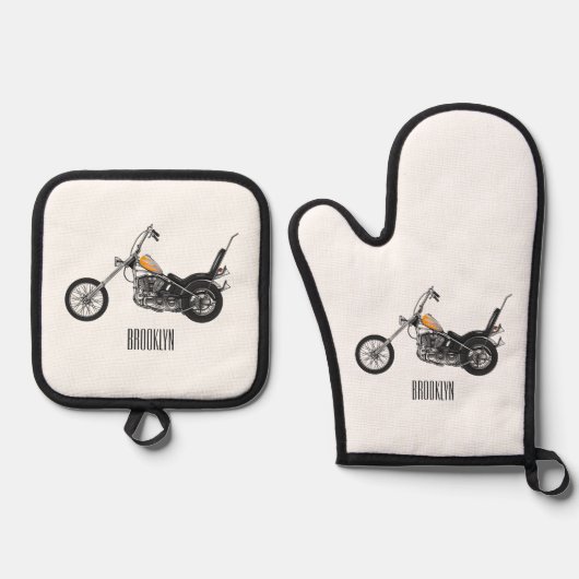 Chopper Motorrad 1950 Cartoon Abbildung Ofenhandschuh & Topflappen-Set (Vorderseite)