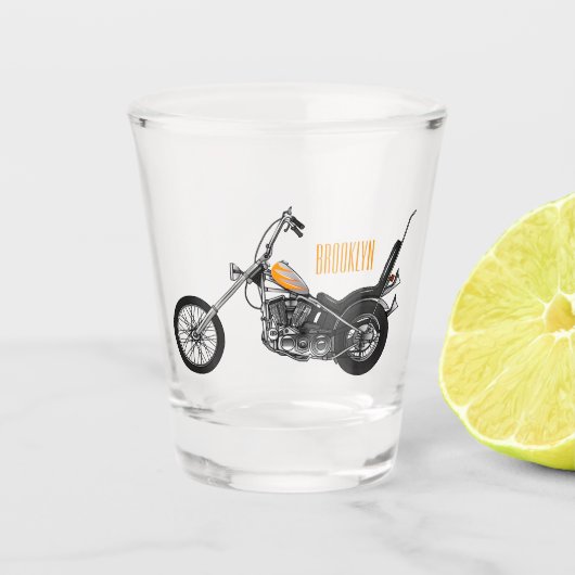 Chopper Motorrad 1950 Cartoon Abbildung Schnapsglas (Vorderseite)