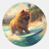 Chow Chow Beach Surfen Malerei Runder Aufkleber (Vorderseite)