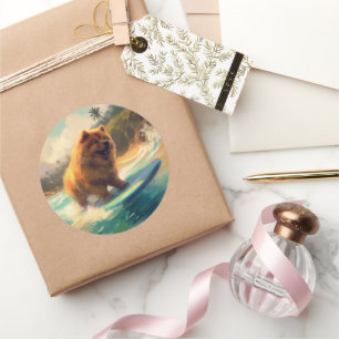 Chow Chow Beach Surfen Malerei Runder Aufkleber