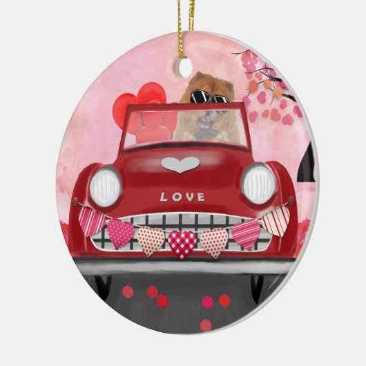 Chow Chow Chow Dog Driving Car mit Herz Valentin Keramik Ornament (Links)
