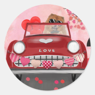 Chow Chow Chow Dog Driving Car mit Herz Valentin Runder Aufkleber