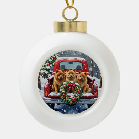 Chow Chow Christmas Red Truck Holiday Keramik Kugel-Ornament (Vorderseite)