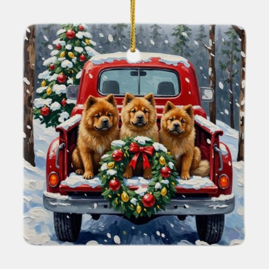Chow Chow Christmas Red Truck Holiday Keramikornament (Rückseite)