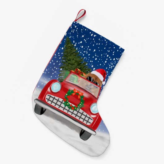 Chow Chow Dog Auto im Schnee Kleiner Weihnachtsstrumpf (Vorderansicht (hängend))
