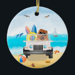 Chow Chow Dog Driving on Beach Keramik Ornament<br><div class="desc">Ein Clowhund,  der am Strand fährt,  ist eine Geschenkidee für jemanden,  der diese Hunderasse Liebe.</div>