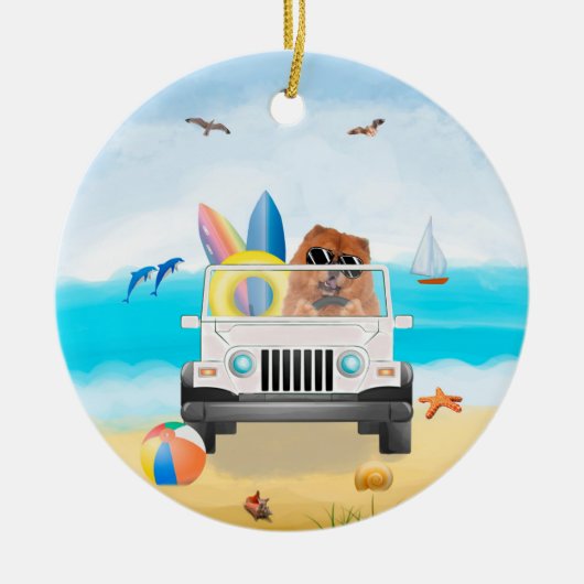 Chow Chow Dog Driving on Beach Keramik Ornament (Vorne)