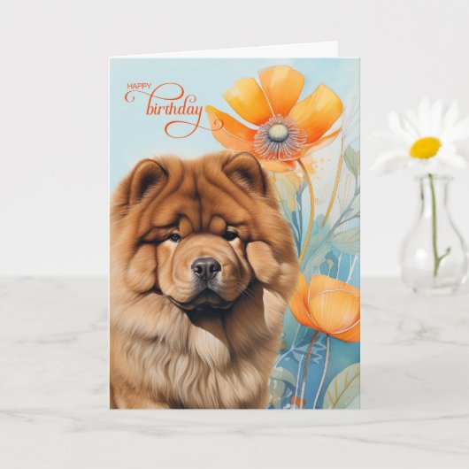 Chow Chow Dog in an Orange Poppy Garden Birthday Karte (Kleine Pflanze)