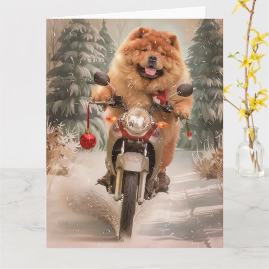 Chow Chow Dog Reiten Motorrad Weihnachten Karte (Gelbe Blume)