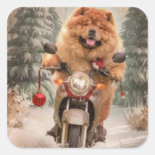 Chow Chow Dog Reiten Motorrad Weihnachten Quadratischer Aufkleber (Vorderseite)