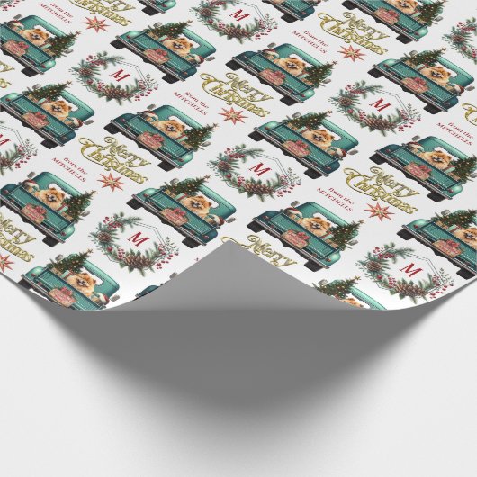 Chow Chow Dog Retro Truck Monogramm Weihnachten Geschenkpapier (Ecke)