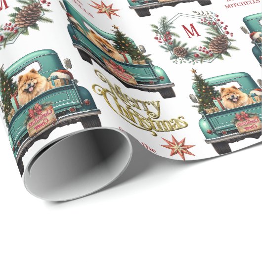 Chow Chow Dog Retro Truck Monogramm Weihnachten Geschenkpapier (Rolleneckpunkt)