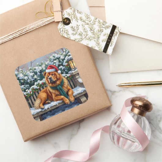 Chow Chow Dog Serene Winter Garden Christmas Art Quadratischer Aufkleber (Schenken)
