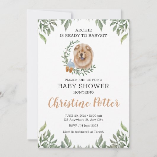 Chow Chow Dog Welpe Greenery Boho Baby Shower Einladung (Vorderseite)