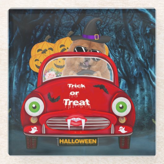 Chow Chow Hund Autofahren Auto Beängstigend Hallow Glasuntersetzer (Vorderseite)