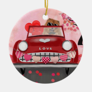 Chow Chow Hund fährt Auto mit Herzen Valentinstag Keramik Ornament