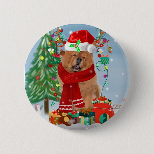 Chow Chow Hund im Schnee mit Weihnachtsgeschenke Button (Vorderseite)