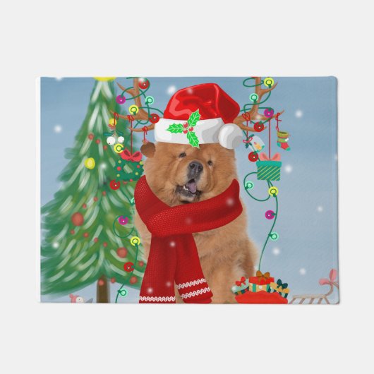Chow Chow Hund im Schnee mit Weihnachtsgeschenke Fußmatte (Vorderseite)