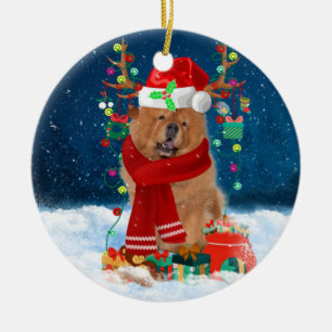 Chow Chow Hund im Schnee mit Weihnachtsgeschenke Keramik Ornament