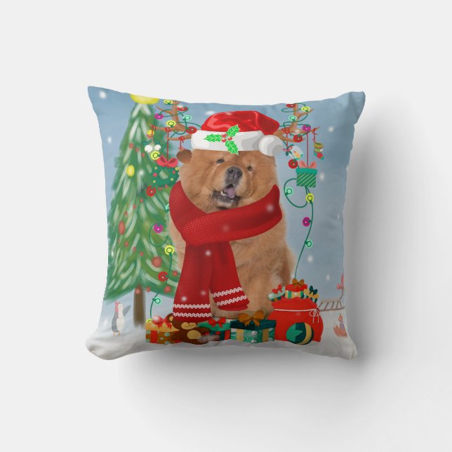 Chow Chow Hund im Schnee mit Weihnachtsgeschenke Kissen (Vorderseite)