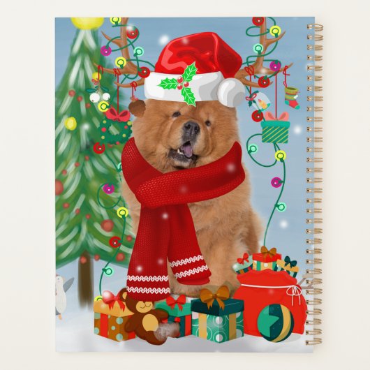 Chow Chow Hund im Schnee mit Weihnachtsgeschenke Planer (Rückseite)