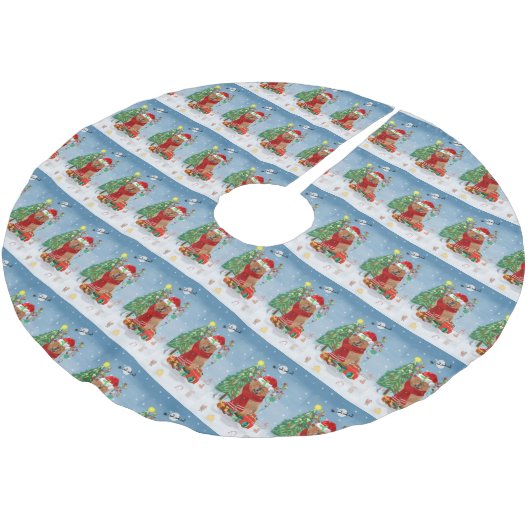 Chow Chow Hund im Schnee mit Weihnachtsgeschenke Polyester Weihnachtsbaumdecke (Schrägansicht)