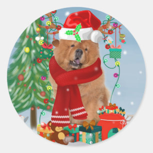 Chow Chow Hund im Schnee mit Weihnachtsgeschenke Runder Aufkleber