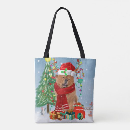 Chow Chow Hund im Schnee mit Weihnachtsgeschenke Tasche (Rückseite)