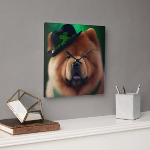 Chow Chow Hund im St. Patrick's Day Kleid Quadratische Wanduhr