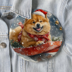 Chow Chow Hund in Sledge Lass es Schnee Weihnachte Button