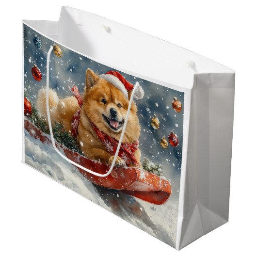 Chow Chow Hund in Sledge Lass es Schnee Weihnachte Große Geschenktüte (Vorderseite Schrägansicht)