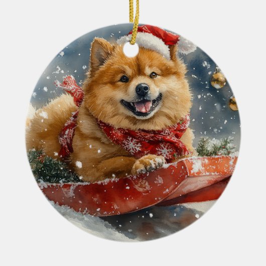 Chow Chow Hund in Sledge Lass es Schnee Weihnachte Keramik Ornament (Vorne)