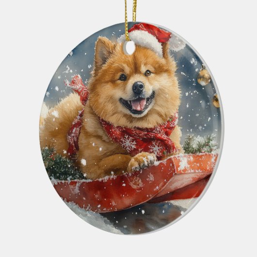 Chow Chow Hund in Sledge Lass es Schnee Weihnachte Keramik Ornament (Links)