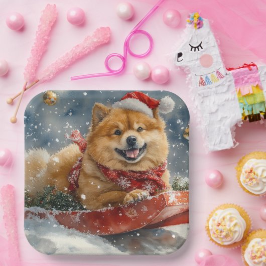 Chow Chow Hund in Sledge Lass es Schnee Weihnachte Pappteller (Party)