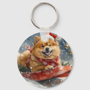 Chow Chow Hund in Sledge Lass es Schnee Weihnachte Schlüsselanhänger