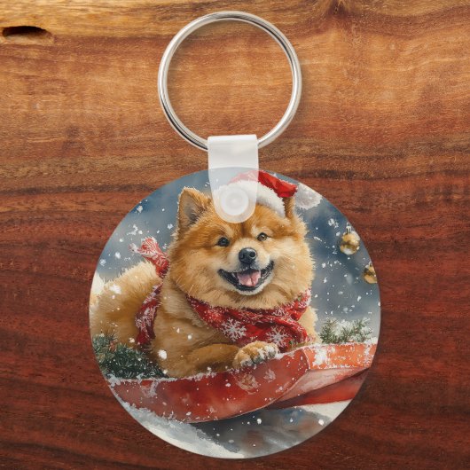 Chow Chow Hund in Sledge Lass es Schnee Weihnachte Schlüsselanhänger (Vorderseite)