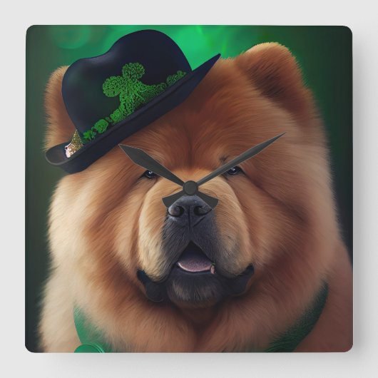 Chow Chow Hund in St. Patrick's Day Dress Quadratische Wanduhr (Vorderseite)