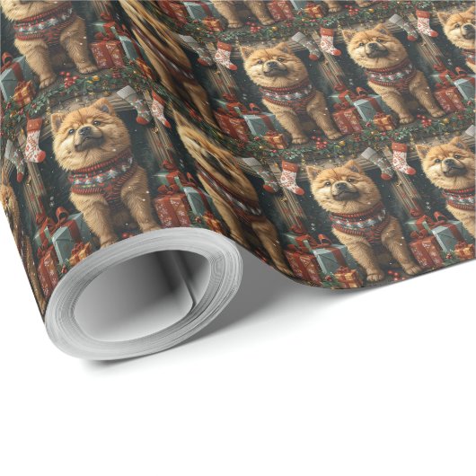Chow Chow Hund mit Weihnachtsgeschenke Feuerplatz Geschenkpapier (Rolleneckpunkt)