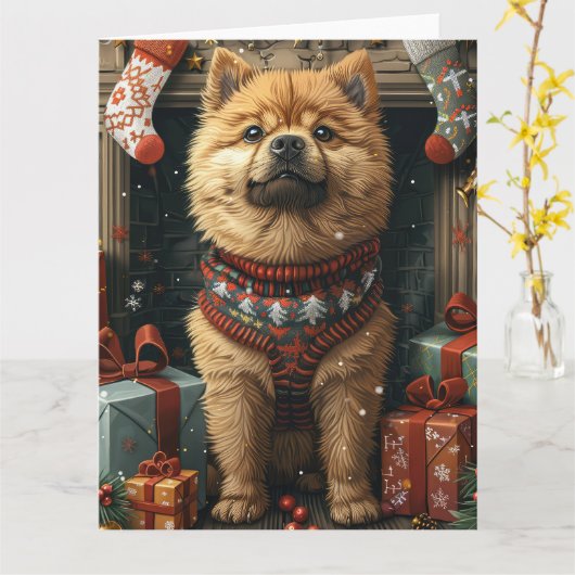 Chow Chow Hund mit Weihnachtsgeschenke Feuerplatz Karte (Gelbe Blume)