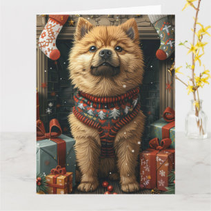 Chow Chow Hund mit Weihnachtsgeschenke Feuerplatz Karte