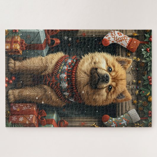 Chow Chow Hund mit Weihnachtsgeschenke Feuerplatz Puzzle (Horizontal)