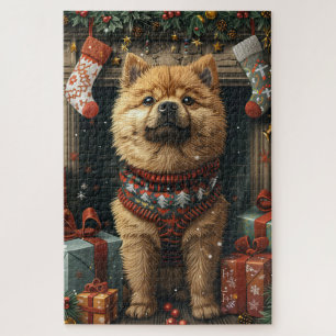 Chow Chow Hund mit Weihnachtsgeschenke Feuerplatz Puzzle