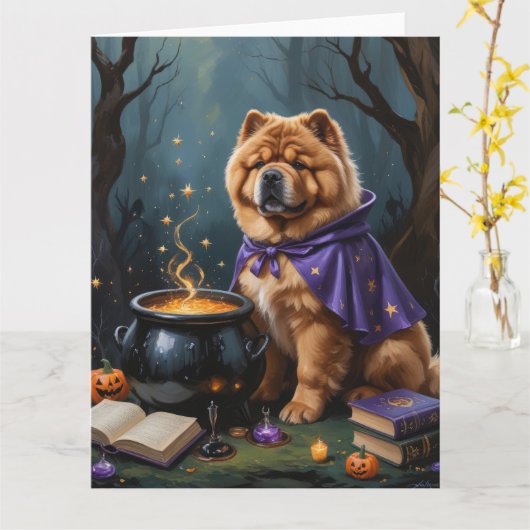 Chow Chow Hund Whimsical Halloween Malerei Karte (Gelbe Blume)