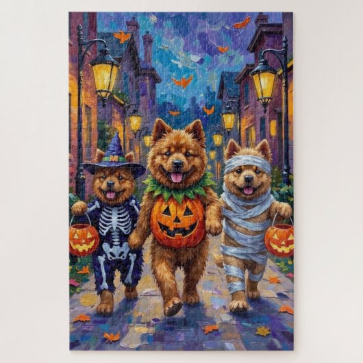 Chow Chow Hunde Trick-oder-Treating Halloween-Kost Puzzle (Vertikal)