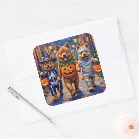 Chow Chow Hunde Trick-oder-Treating Halloween-Kost Quadratischer Aufkleber (Umschlag)